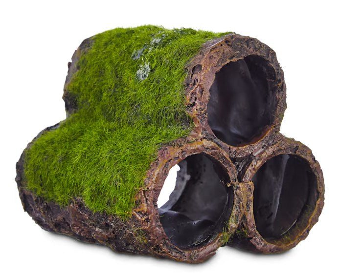Triple Moss-Covered Hollow Pipe Hideout for Aquariums