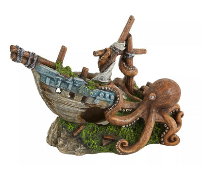 Sunken Wreck Vessel with Coiled Octopus Aquatic Landscape Ornament