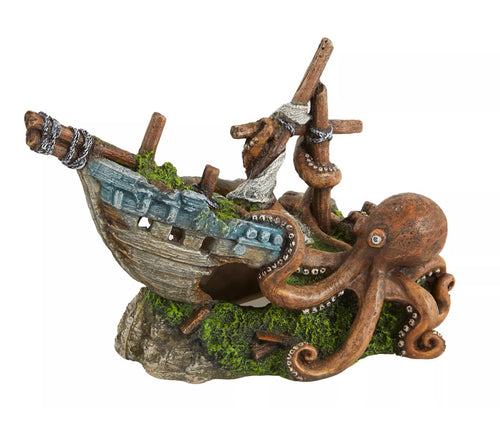Sunken Wreck Vessel with Coiled Octopus Aquatic Landscape Ornament
