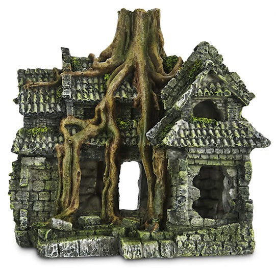 Ancient Root-Wrapped Ruined Cottage Underwater Landscape Ornament
