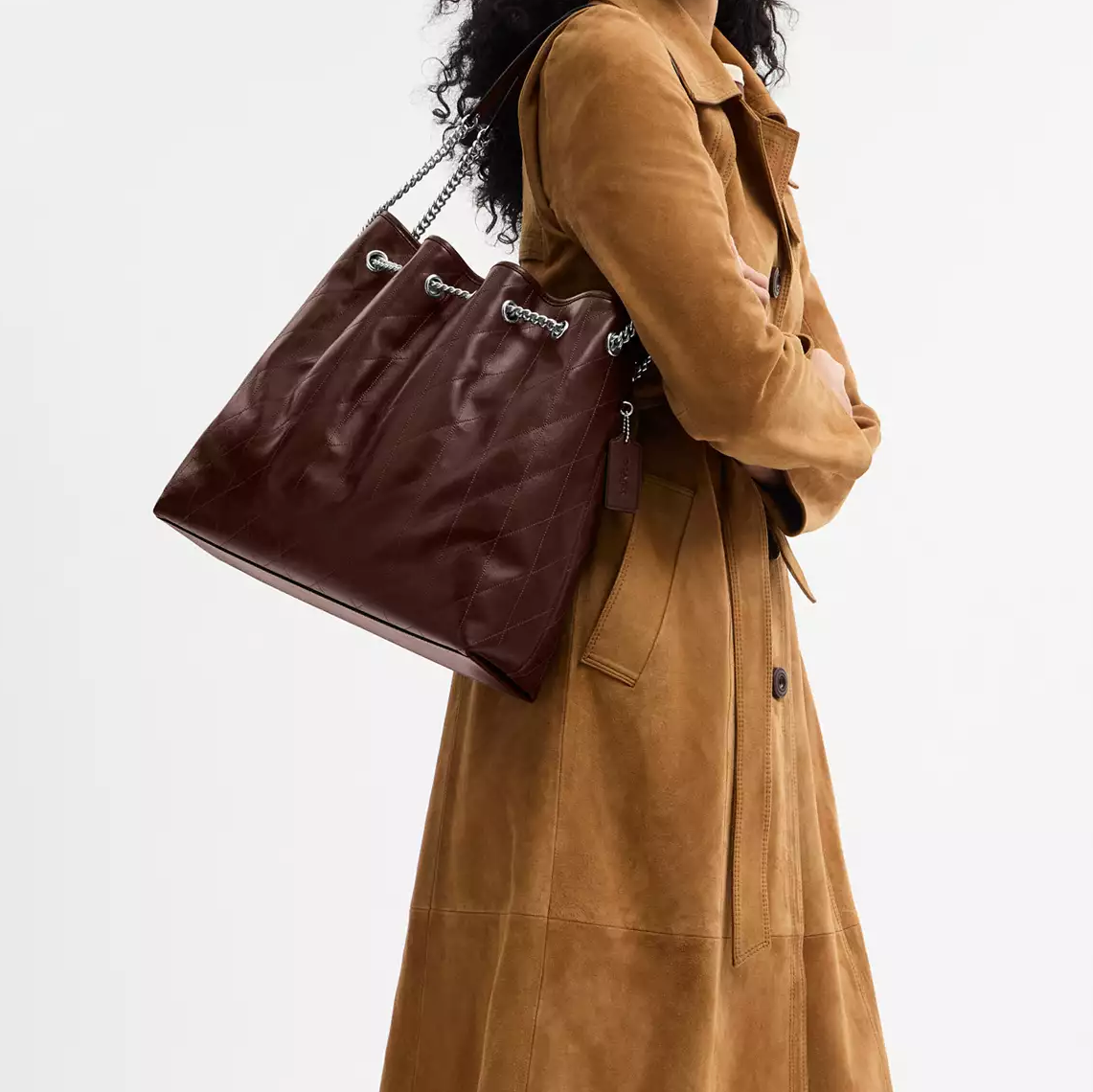 Quilted Drawstring Shoulder Tote Bag With Chain Strap